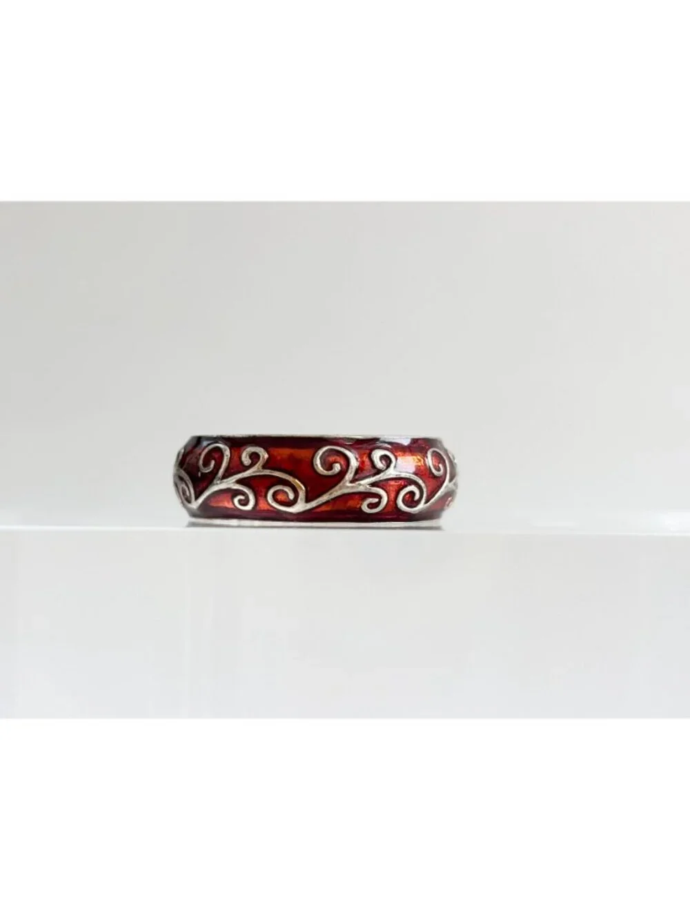 Orange Enamel Art Nouveau Inspired Sterling Silver 925 Vintage Ring - sz 9.75
